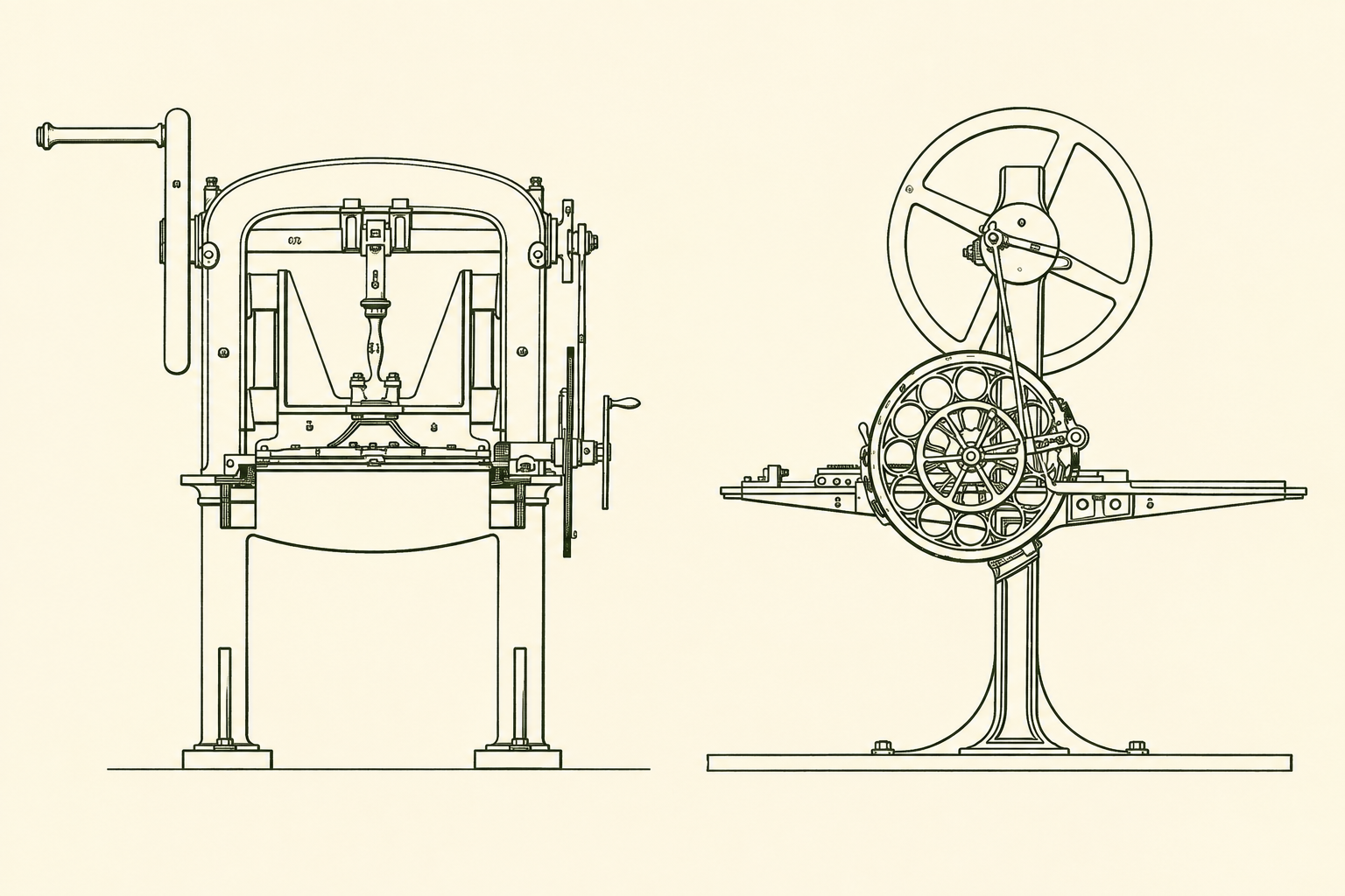 Redrawn front and side views of Archer’s perforating machine, closely following the historical illustration.