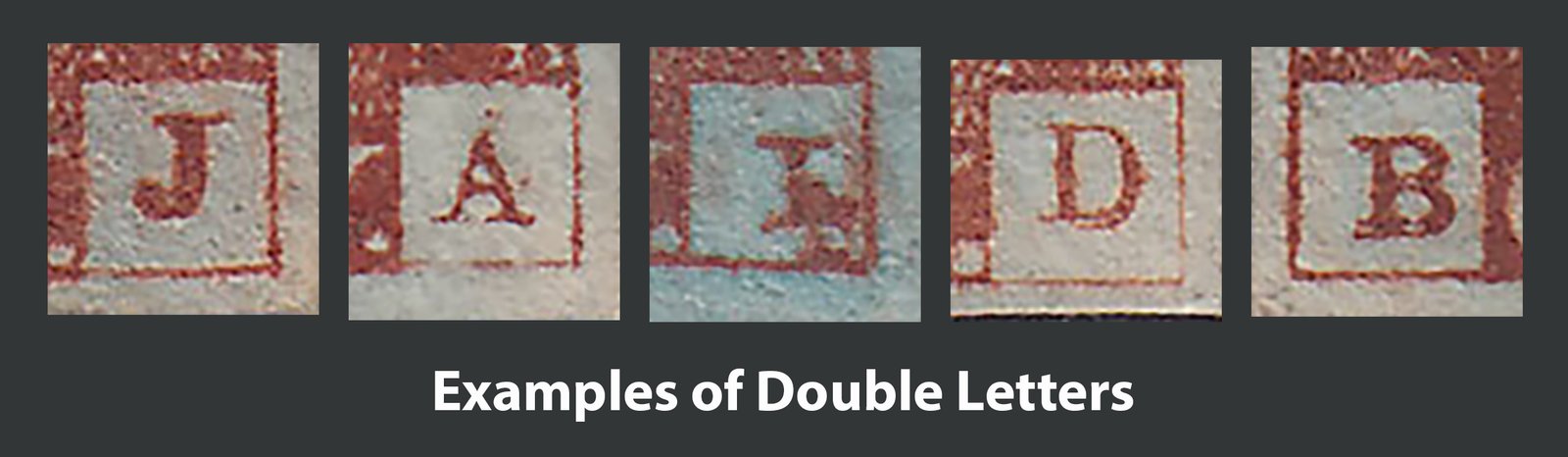 Examples of double letters on Great Britain line engraved stamps