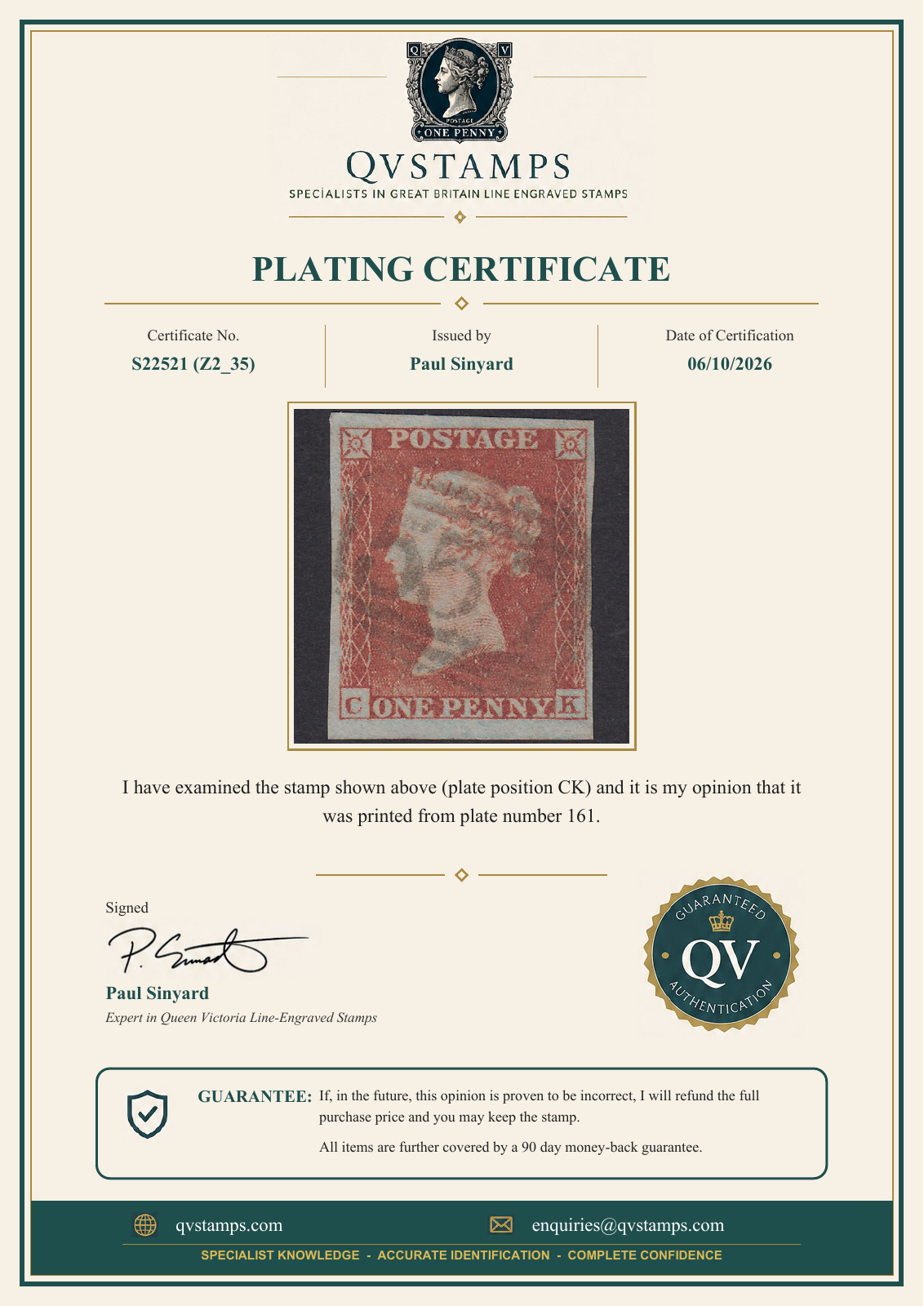 Sample QVStamps plating certificate showing a Penny Red identified as plate 161, with its plate position, signature and money-back guarantees.