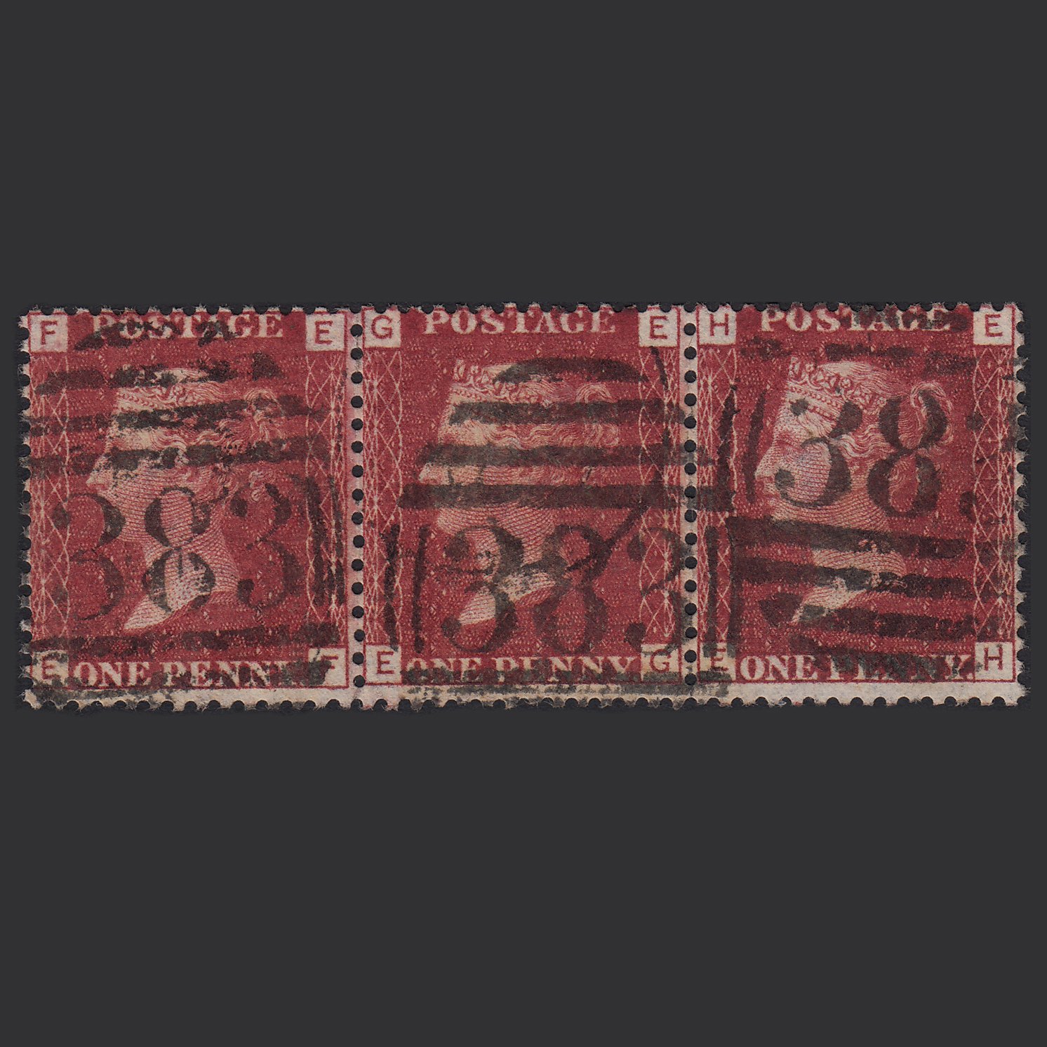 GB QV 1864 1d Lake-red (Plate 112) SG44-G1(2) EF-EG-EH FU Strip OF 3 Hull 383