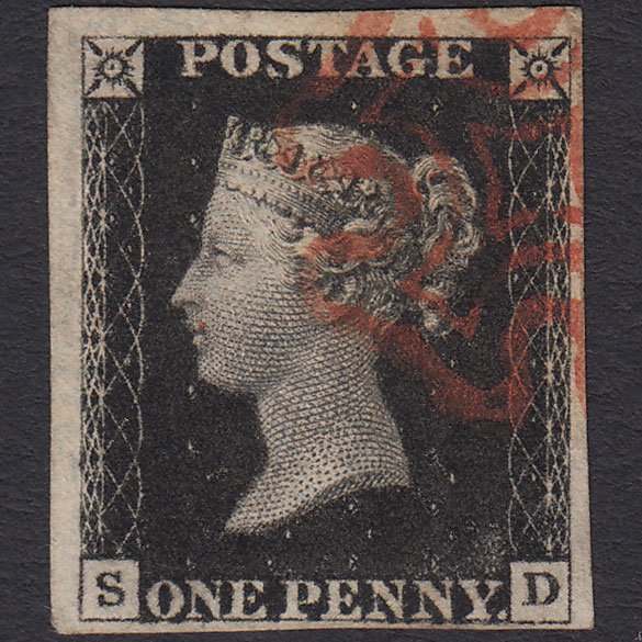 GB QV 1840 1d Black Plate 1b SG2-A1(2) SD VFU 4 Margins Red Maltese Cross
