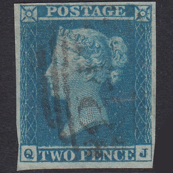 GB QV 1841 2d Pale Blue Plate 3 SG13-E1(1) QJ FU 4 Margins