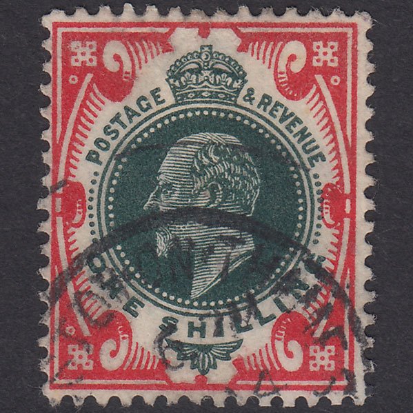 GB KE7 1911 1/- Dark Green & Scarlet SG312-M47(1) VFU Kingston CDS