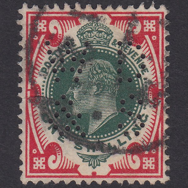 GB KE7 1912 1/- Green & Carmine SG314-M47(5) FU W D & S Perfin