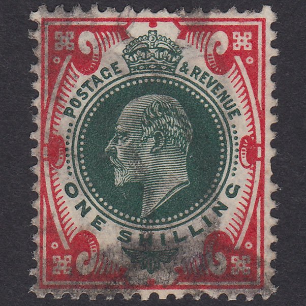 GB KE7 1912 1/- Green & Carmine SG314-M47(5) GU Light Cancel
