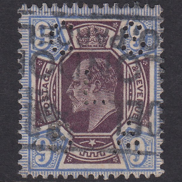 GB KE7 1912 9d Dp Plum & Blue SG307A-M41(5) VFU C S L S A Perfin