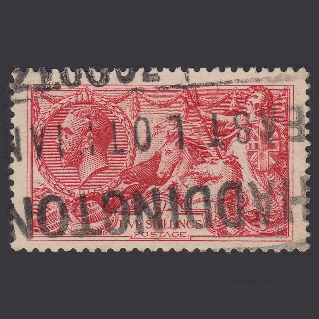 GB KG5 1918 5/- Rose-Red Seahorses SG416-N68(3) FU Haddington Cancel