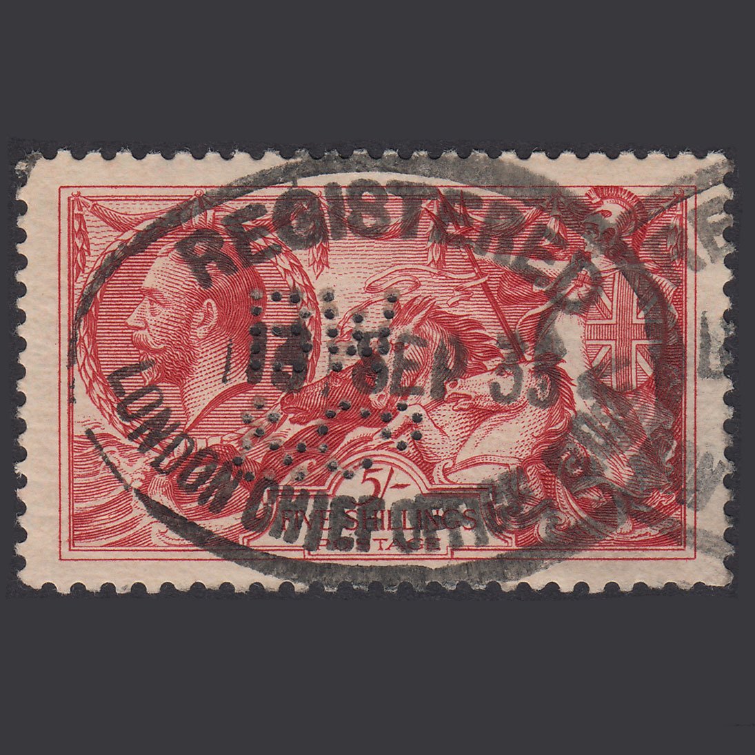 GB KG5 1918 5/- Rose-Red Seahorses SG416-N68(3) FU B W & Co Perfin
