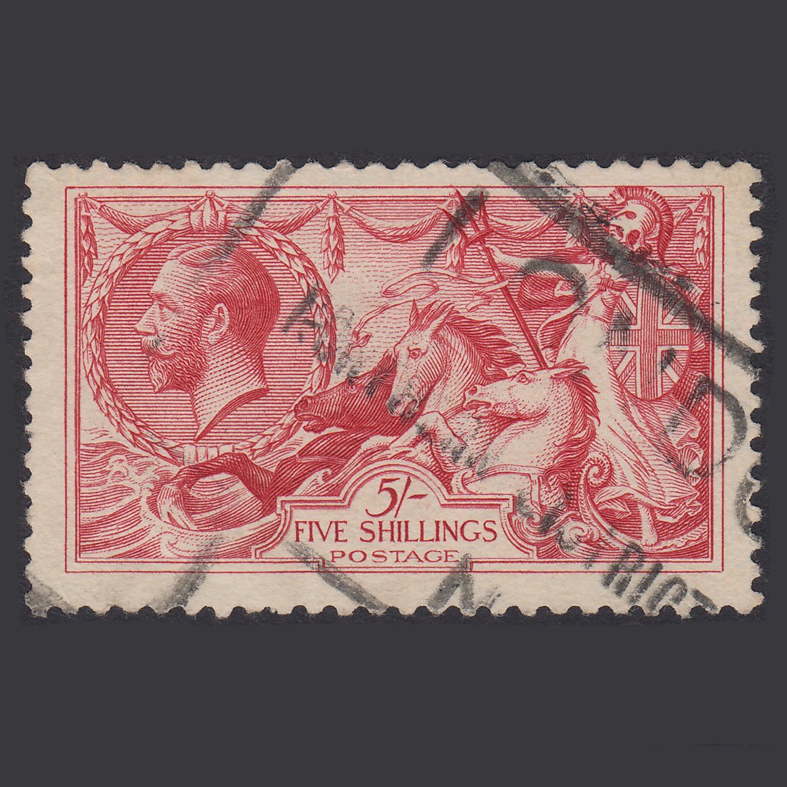 GB KG5 1918 5/- Rose-Red Seahorses SG416-N68(3) GU Light Cancel