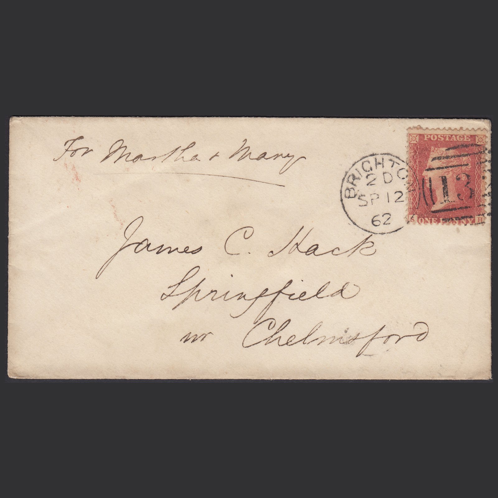 GB QV 1862 1d (Plate 62) SG40-C10(1) SH FU on Cover Brighton - Springfield