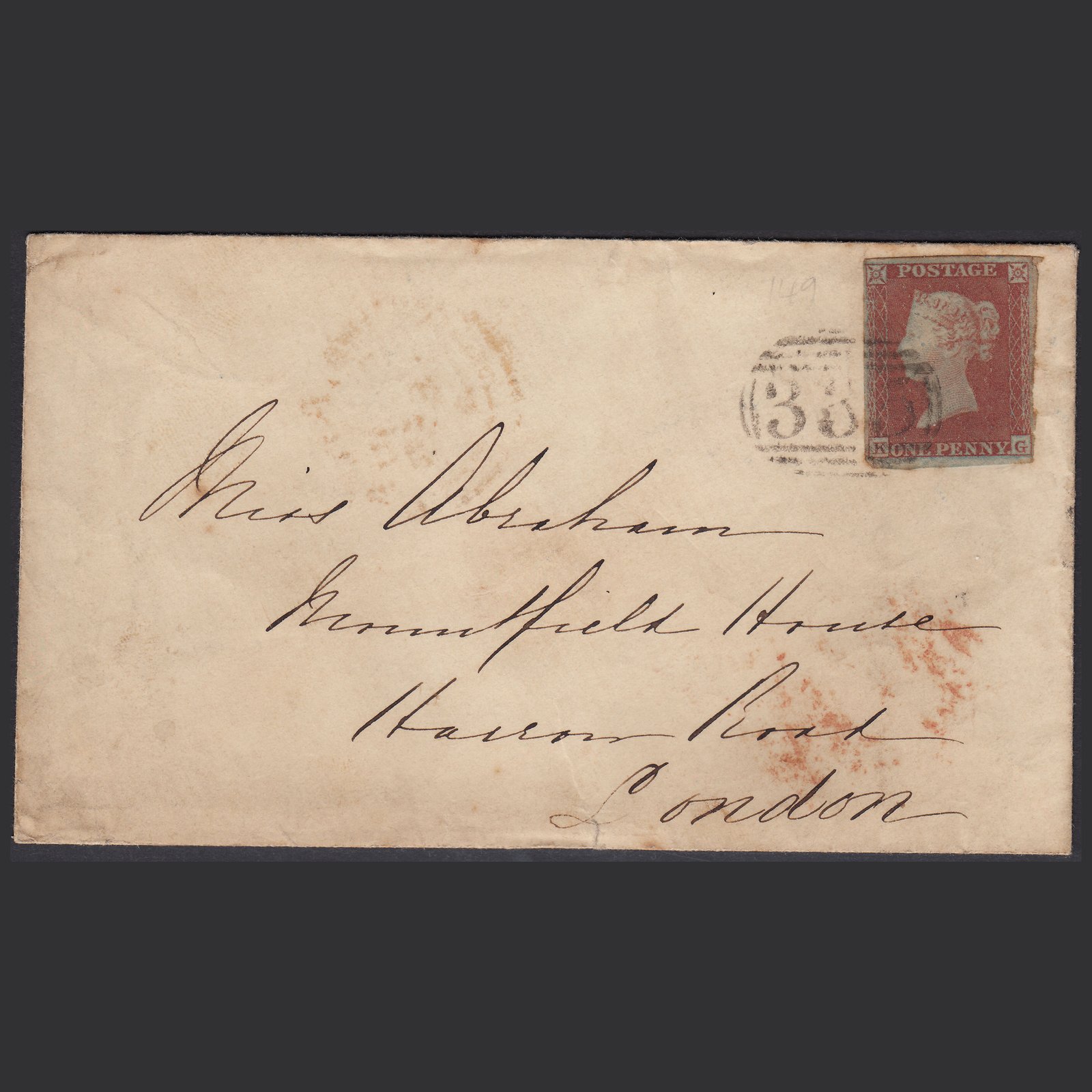 GB QV 1853 1d Red-brown (Plate 149) SG8-B2(1) KG GU 4M Haverhill 335 - London