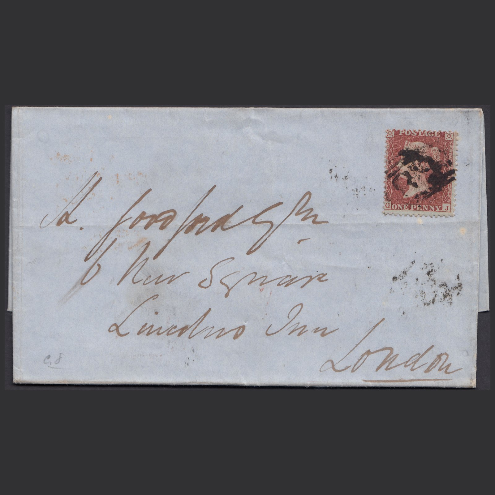 GB QV 1856 1d (Plate 25) SG29-C8(1) QJ FU on Wrapper to Lincoln's Inn London