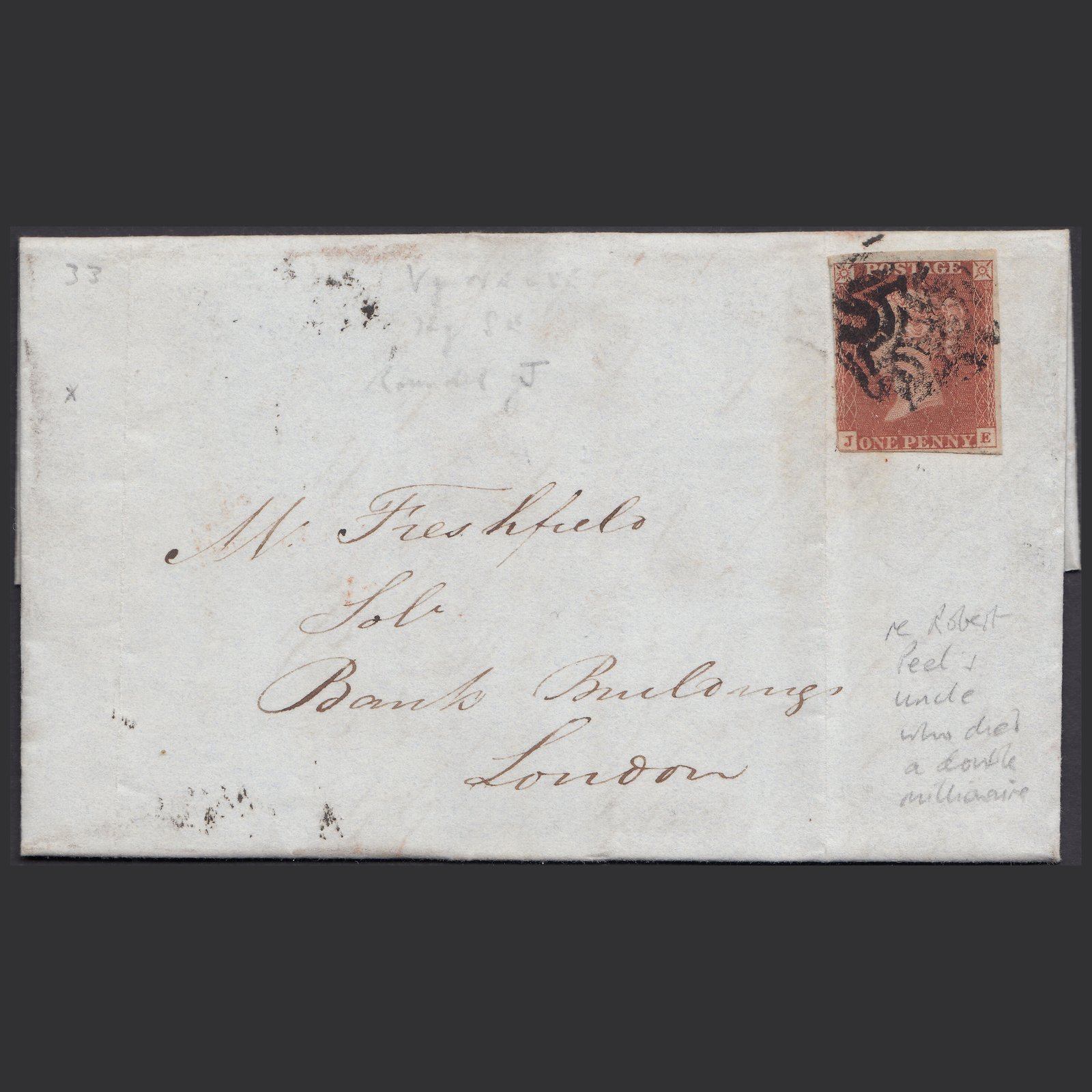 GB QV 1843 1d (Plate 33) SG8-B1(1) JE GU MX on Exeter to London Entire