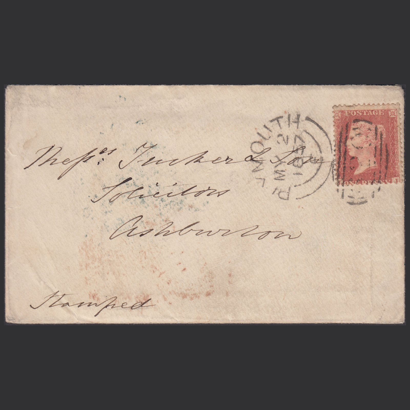 GB QV 1857 1d Pale Red (Plate 38) SGC9(3) LJ PU Plymouth Newton Abbot Entire