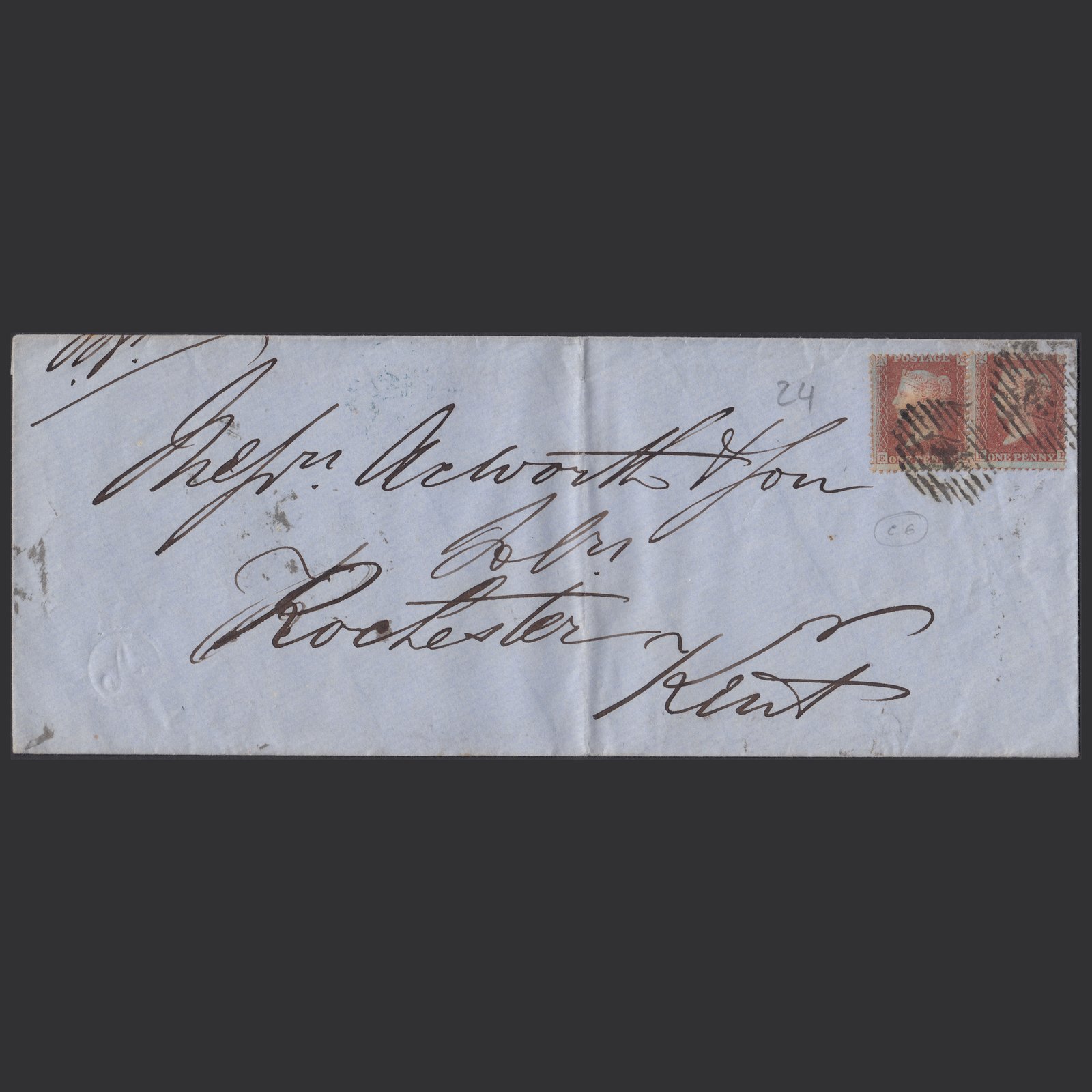 GB QV 1856 1d (Plate 24) SG29-C8(1) EG-EH FU Pair London - Rochester Cover