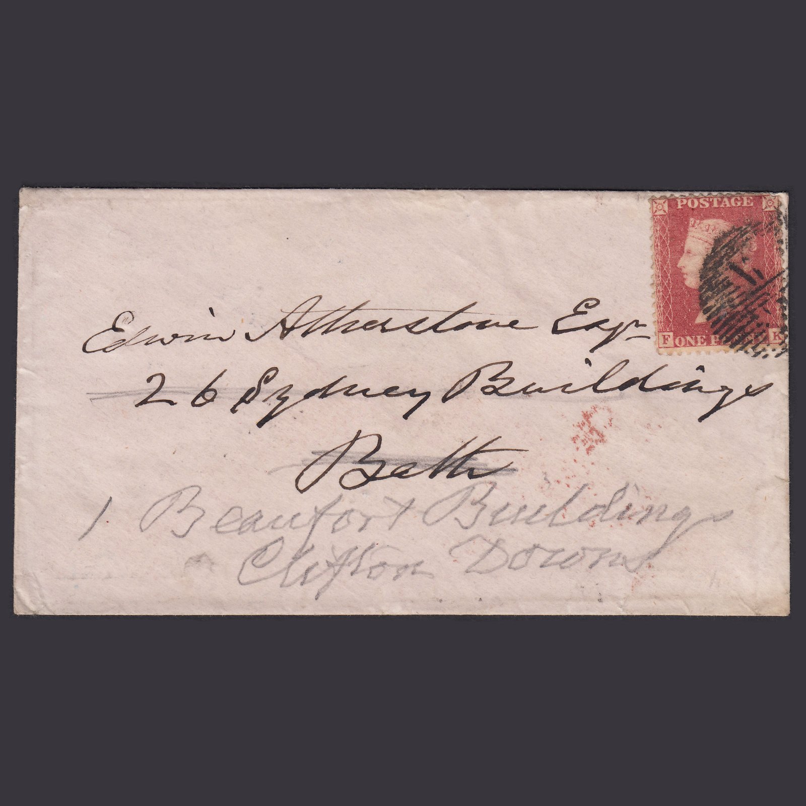 GB QV 1859 1d (Plate 47) SG40-C10(1) LA PU London to Bath Redirected Cover