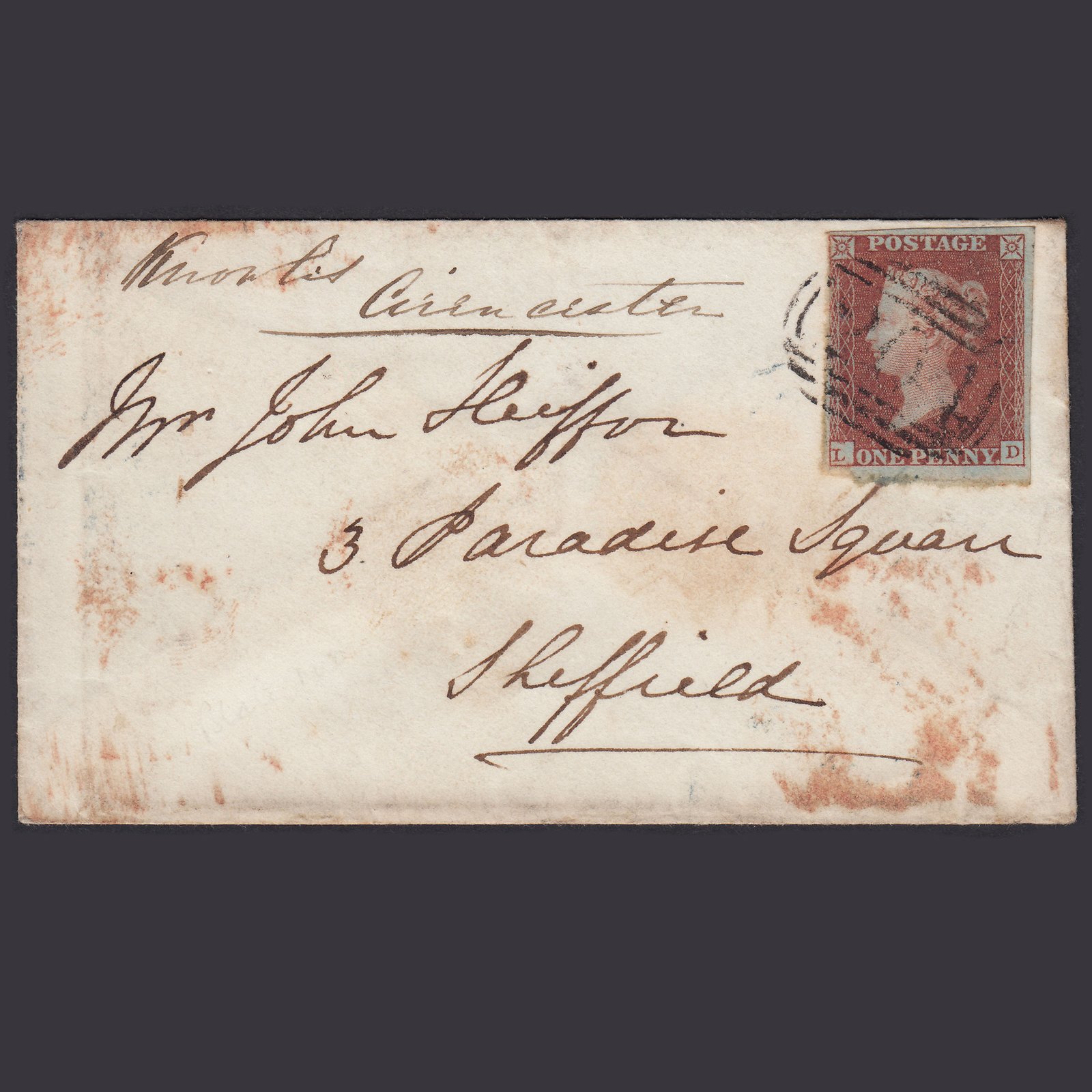 GB QV 1850 1d Red-brown (Plate 100) SG8-B1(1) LD FU Cirencester 204 Cover