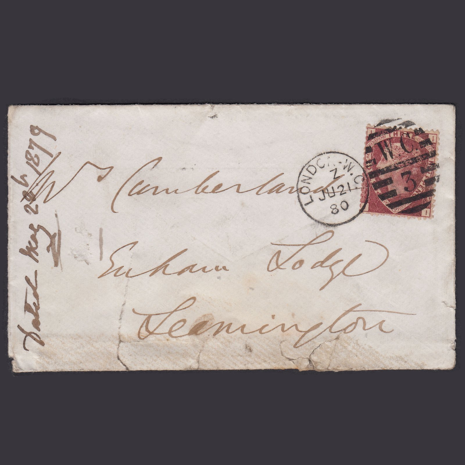 GB QV 1880 1.5d Lake-red (Plate 3) SG52 II FU on London to Leamington Cover