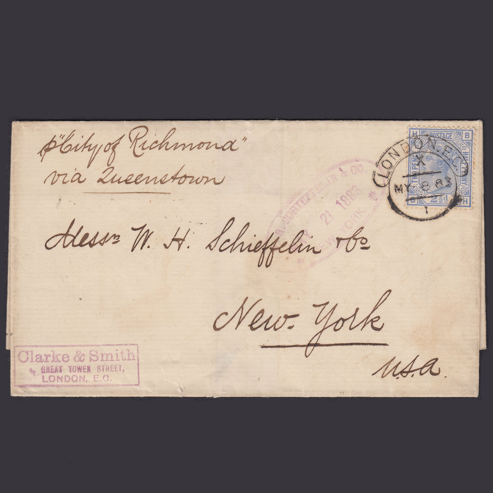 GB QV 1883 2.5d Blue (Plate 22) (SG157) BH FU London to New York Wrapper