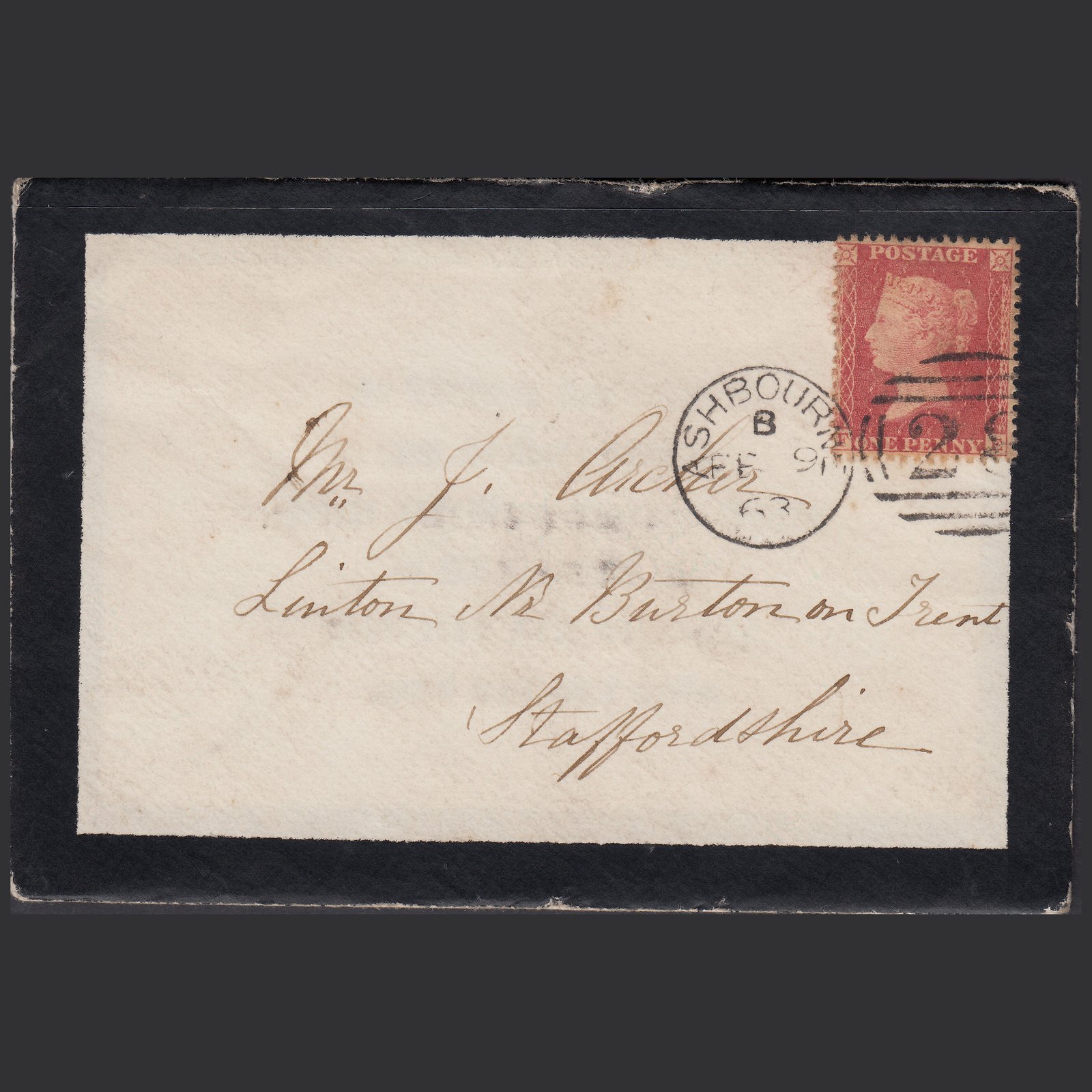 GB QV 1863 1d (Plate 66) SG40-C10(1) FE FU Ashbourne Mourning Cover Inc Card