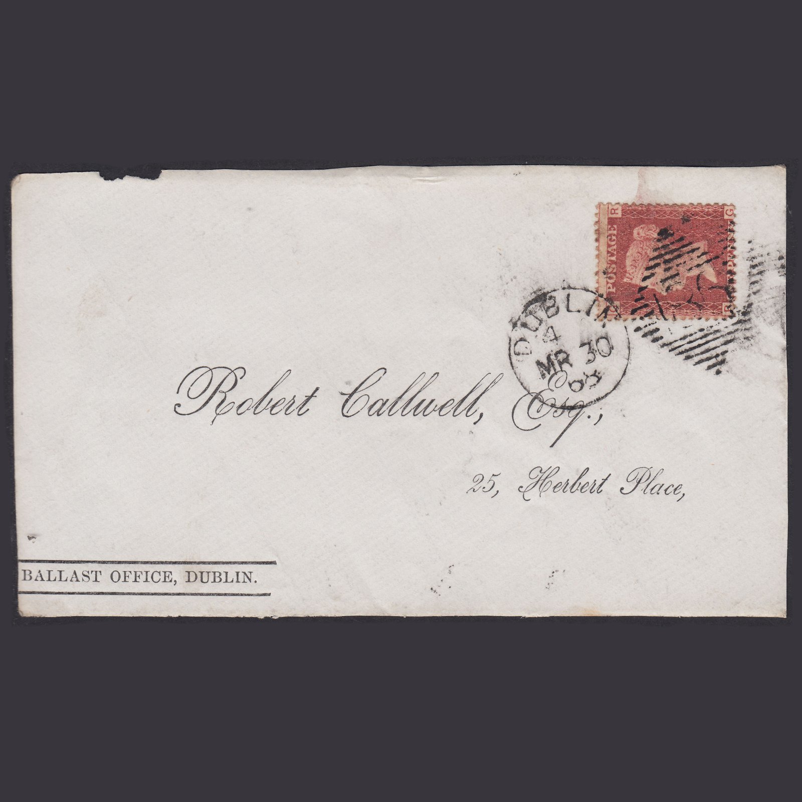 GB QV 1868 1d (Plate 73) SG44-G1(2) RG GU Dublin 186 Ballast Office Front