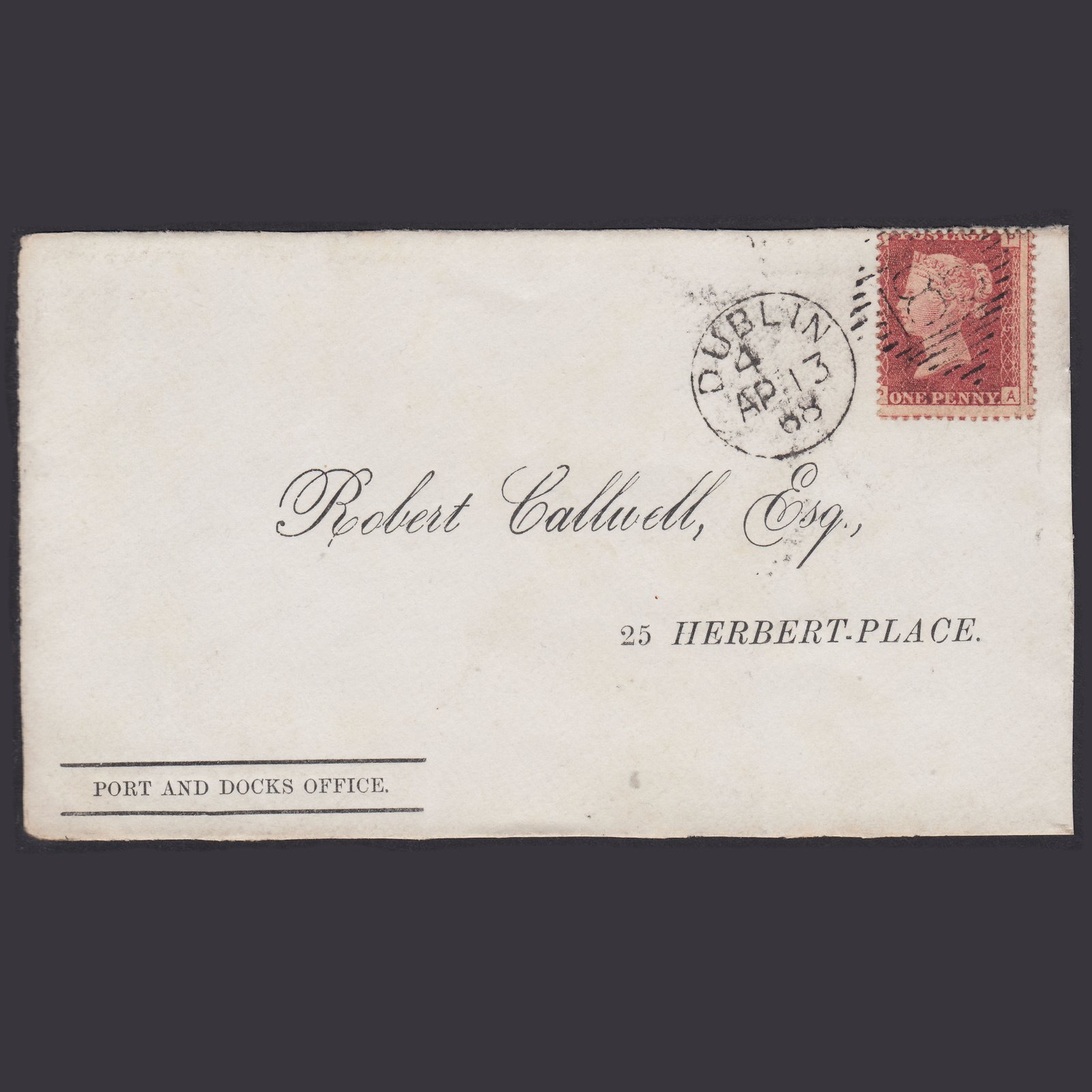 GB QV 1868 1d P85 SG44-G1(2) PA FU Dublin 186 Port And Docks Office Front