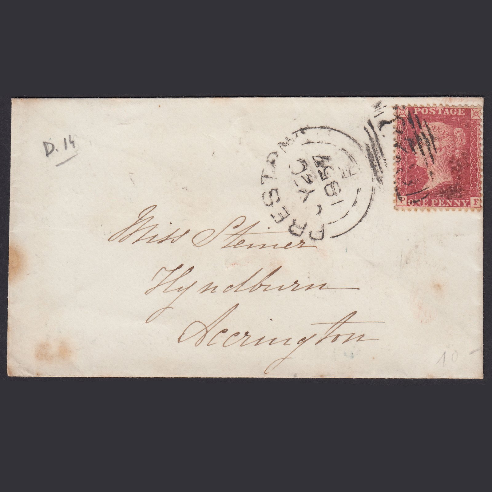 GB QV 1857 1d Rose-red (Plate 55) SGC9A(3) PF GU Preston to Accrington Cover