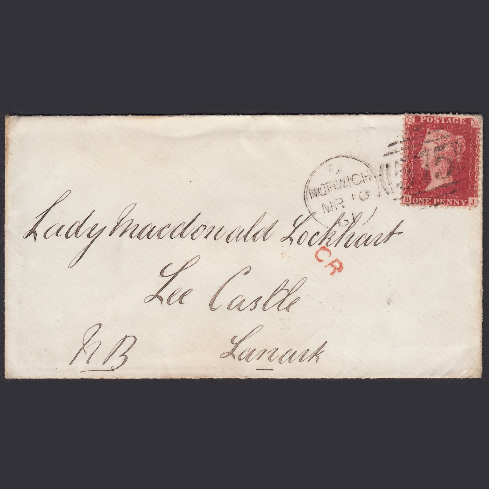 GB QV 1861 1d (Plate 64) SG40-C10(1) BJ GU Norwich to Lanark Cover