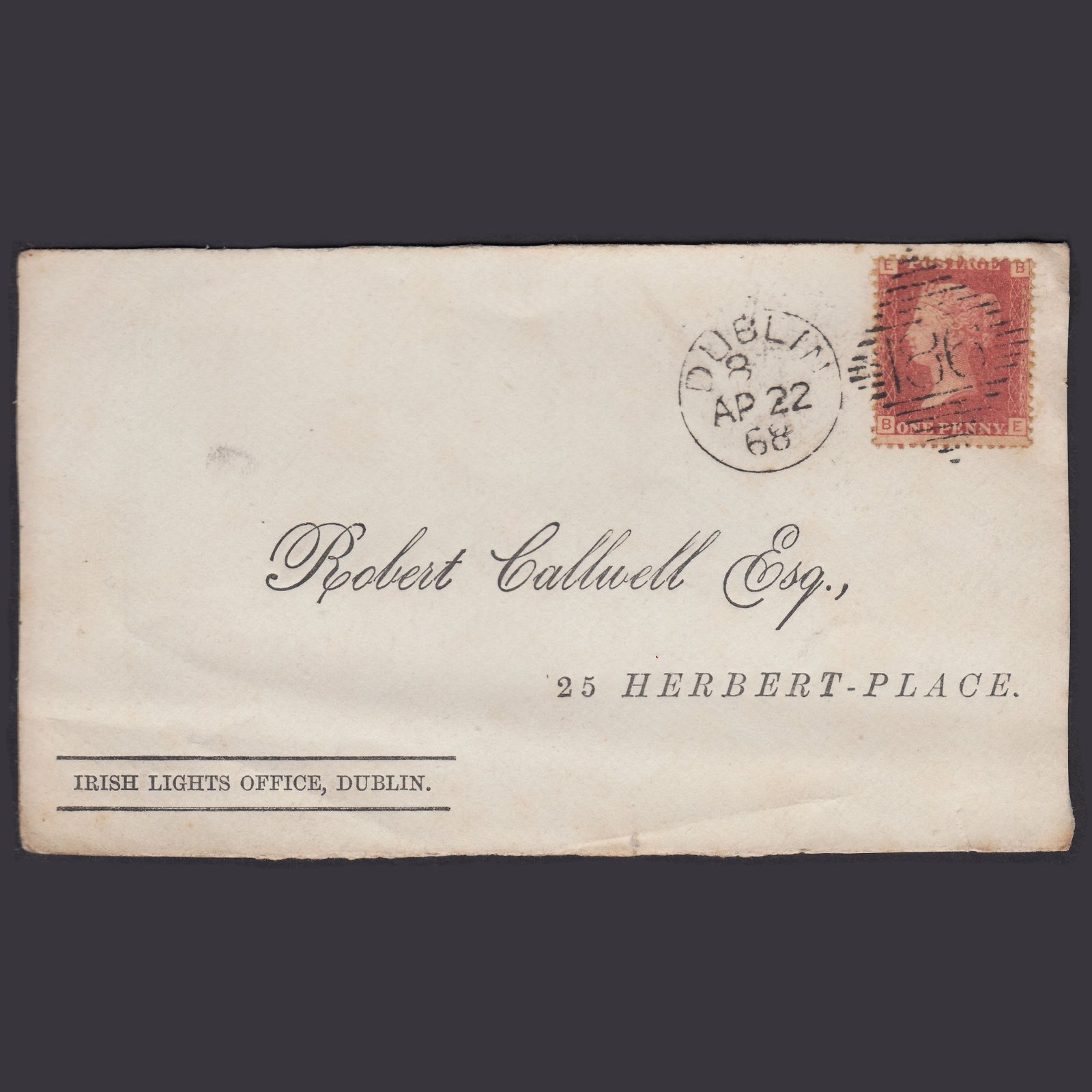 GB QV 1868 1d (Plate 97) SG43-G1(1) BE GU Dublin 186 Irish Lights Office Front