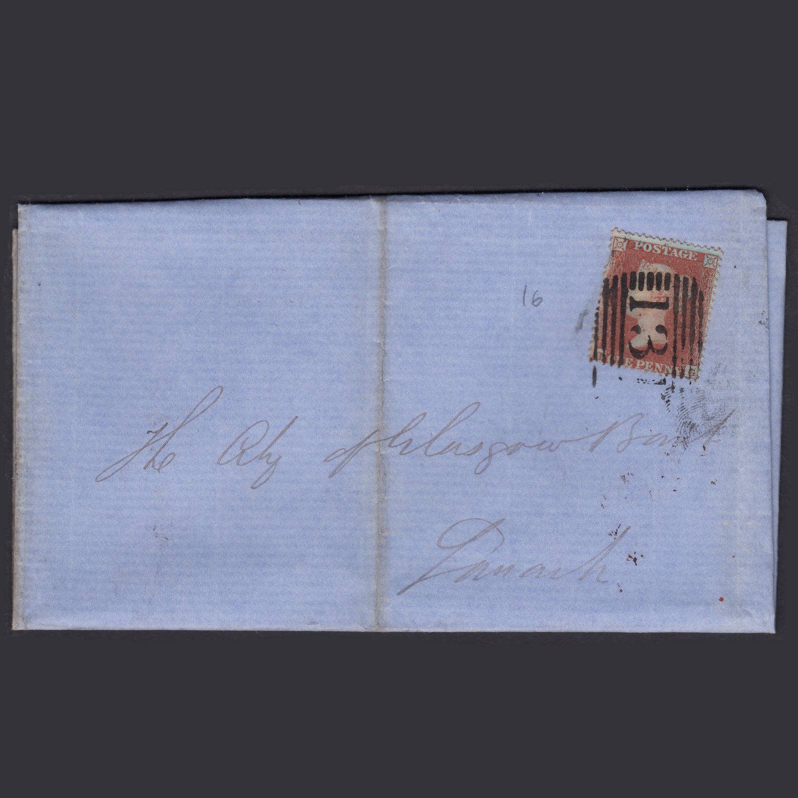 GB QV 1855 1d (Plate 175) SG17-C1(1) IG GU Edinburgh to Lanark Wrapper