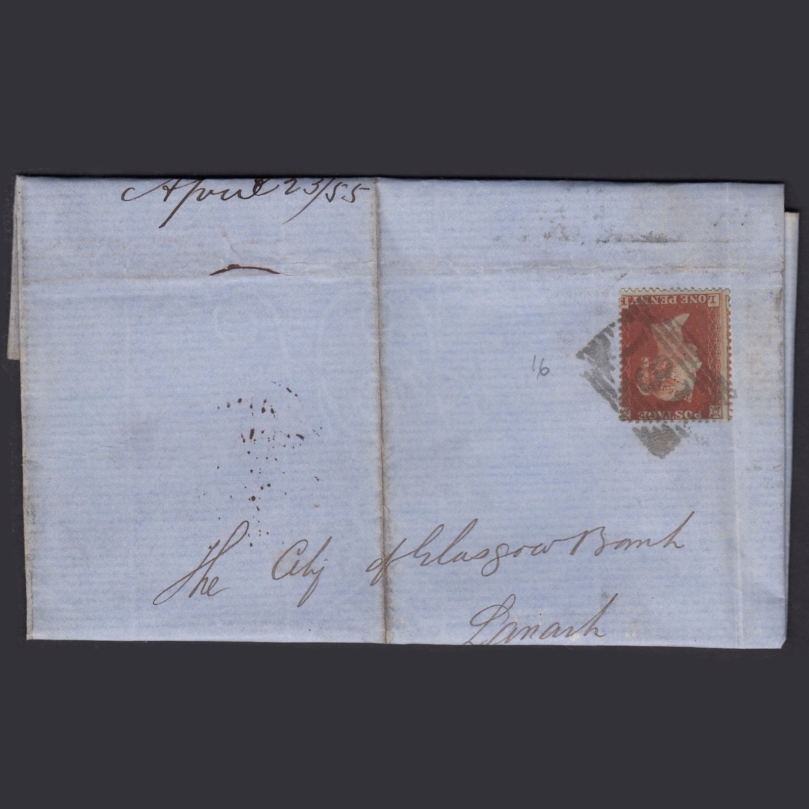 GB QV 1855 1d (Plate 194) SG17-C1(1) LE FU Edinburgh to Lanark Wrapper
