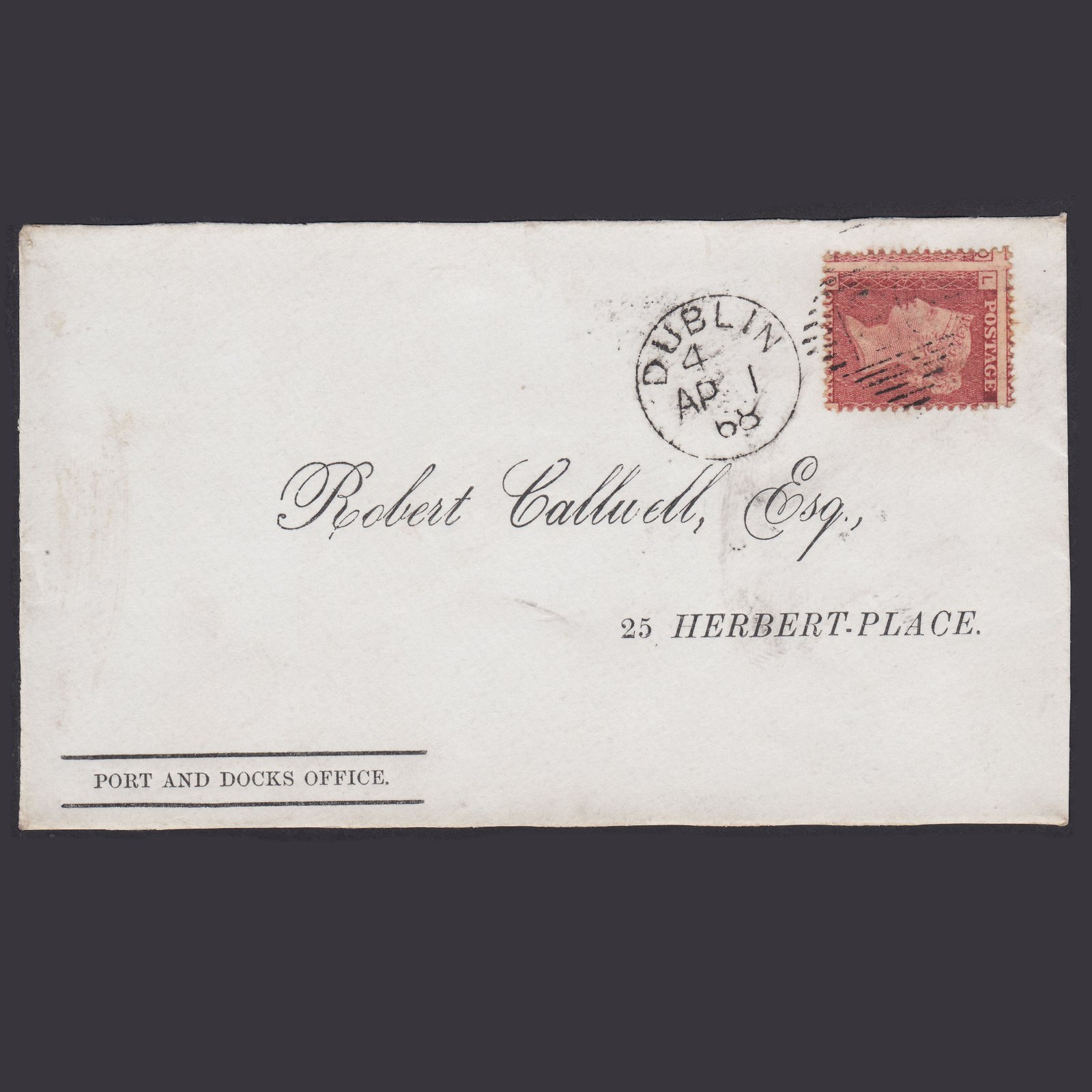 GB QV 1868 1d (Plate 73) SG44-G1(2) QL FU Dublin 186 Port And Docks Office Front