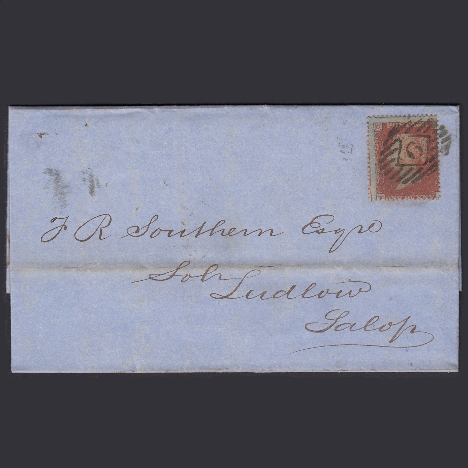 GB QV 1854 1d (Plate 171) SG17-C1(1) FJ FU London to Ludlow Entire