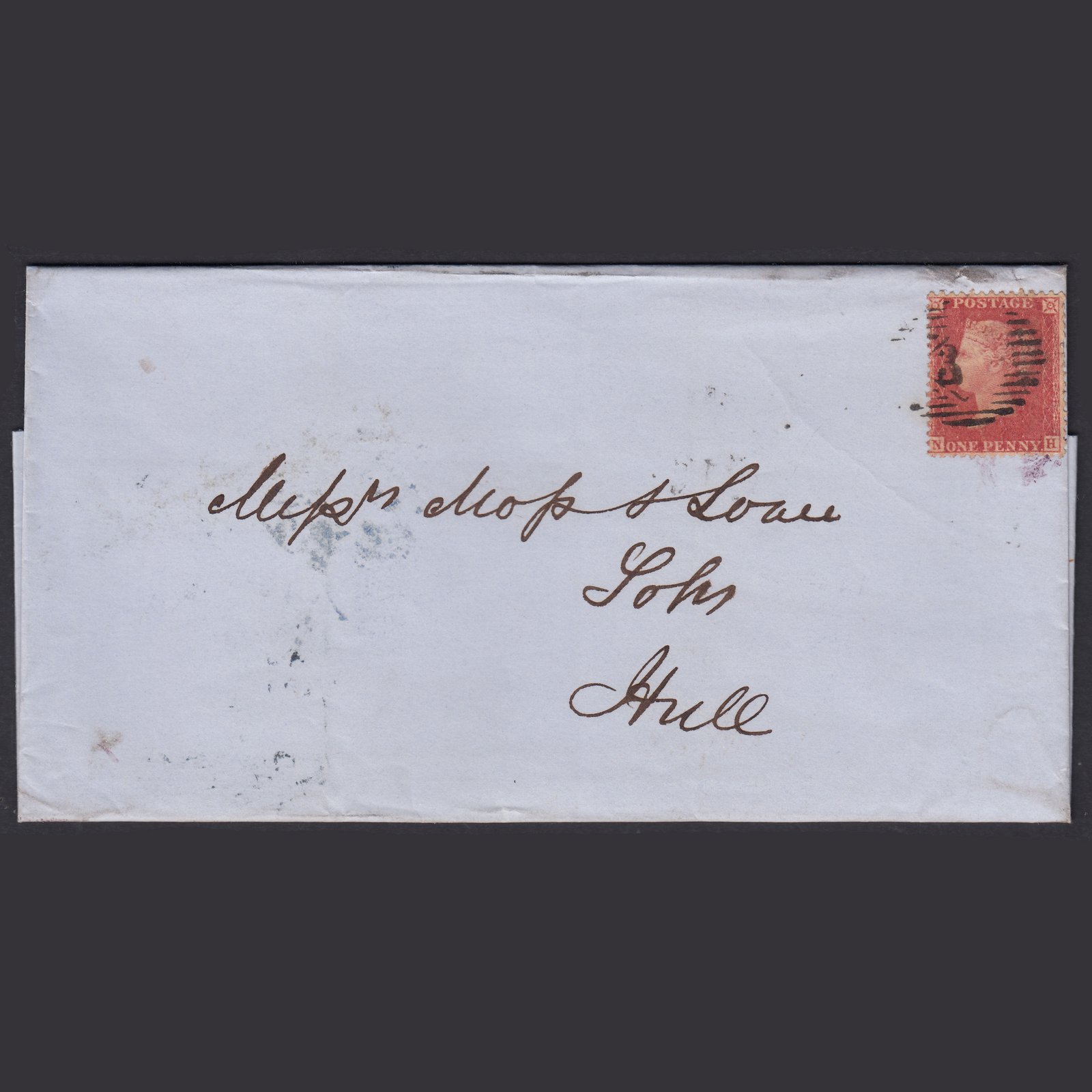 GB QV 1857 1d Transitional (Plate 49) SGC9A(2) NH FU London to Hull Wrapper