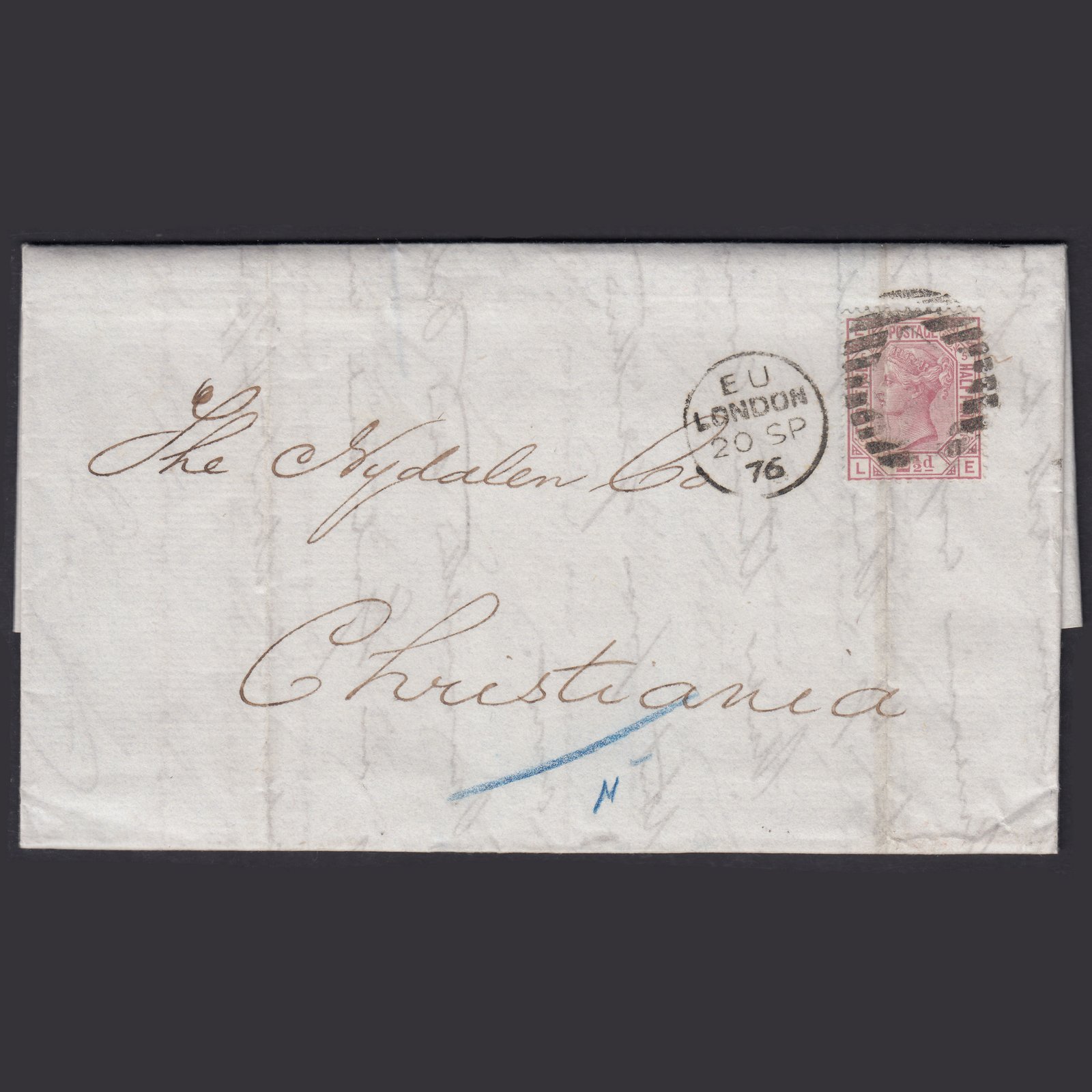 GB QV 1876 2 1/2d (Plate 5) SG141-J4 LE GU London to Christiania Norway