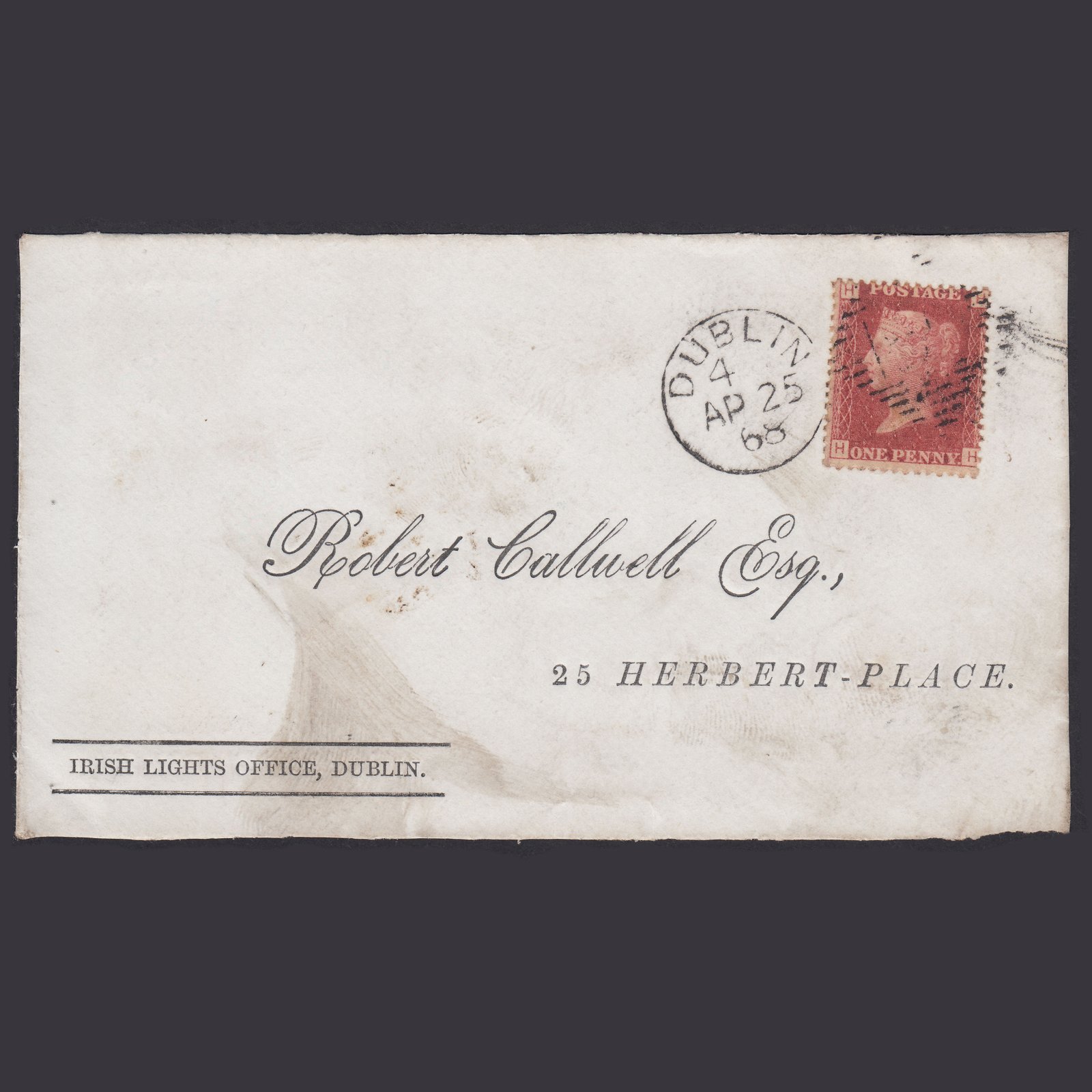 GB QV 1868 1d (Plate 97) SG44-G1(2) HH FU Dublin 186 Irish Lights Office Front