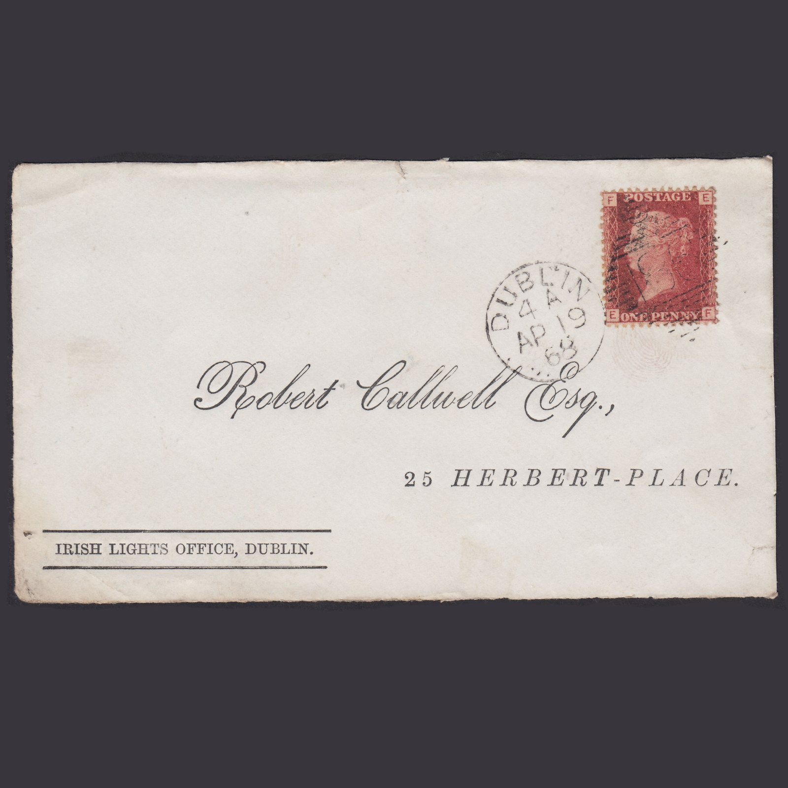 GB QV 1868 1d (Plate 97) SG44-G1(2) EF FU Dublin 186 Irish Lights Office Front