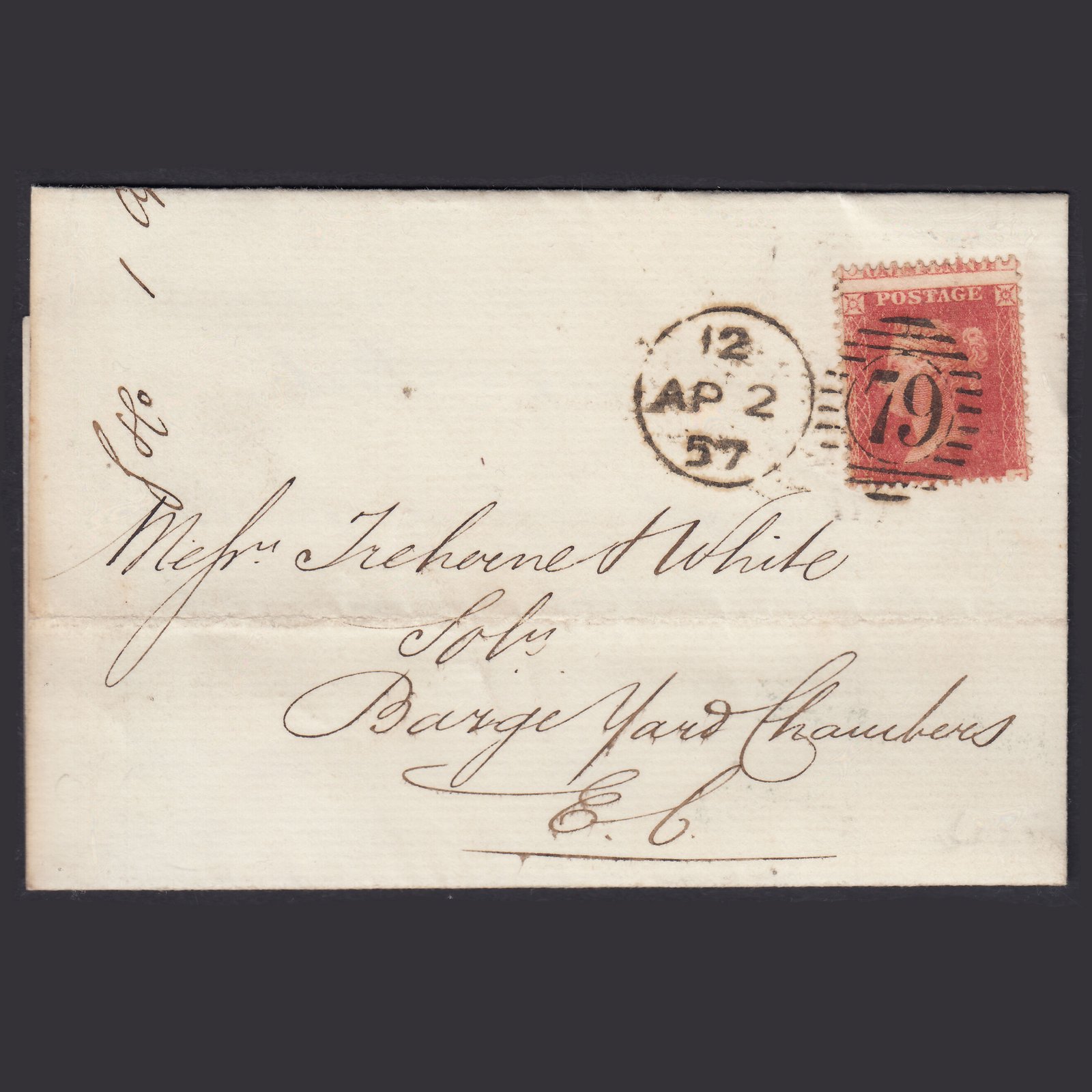 GB QV 1857 1d Pale Red (Plate 34) SGC9(3) PJ VFU London Entire