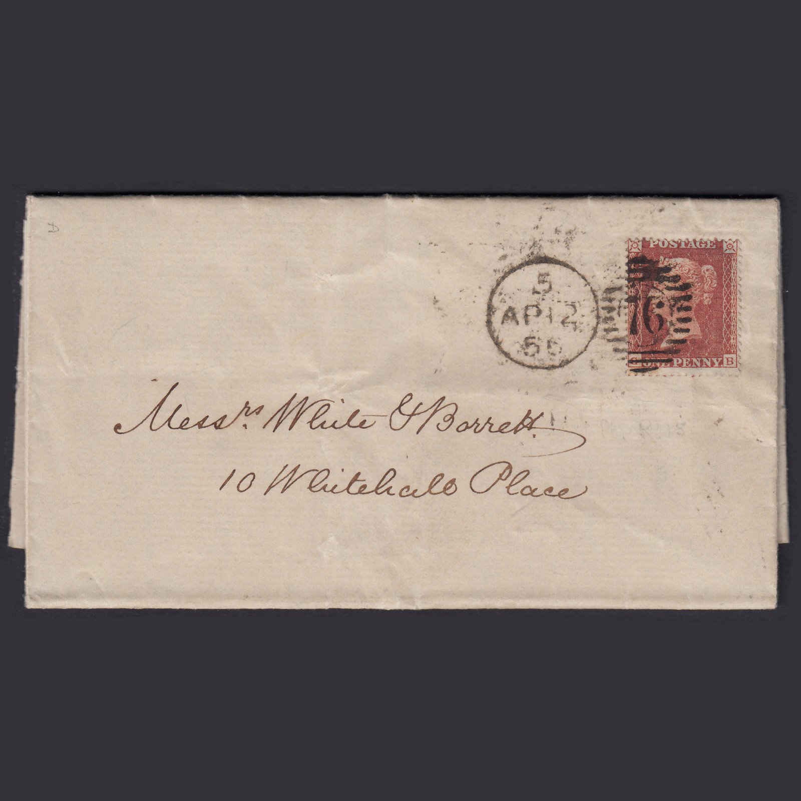 GB QV 1856 1d Red-brown (Plate 2) SG26-C5(1) GB FU on London Entire