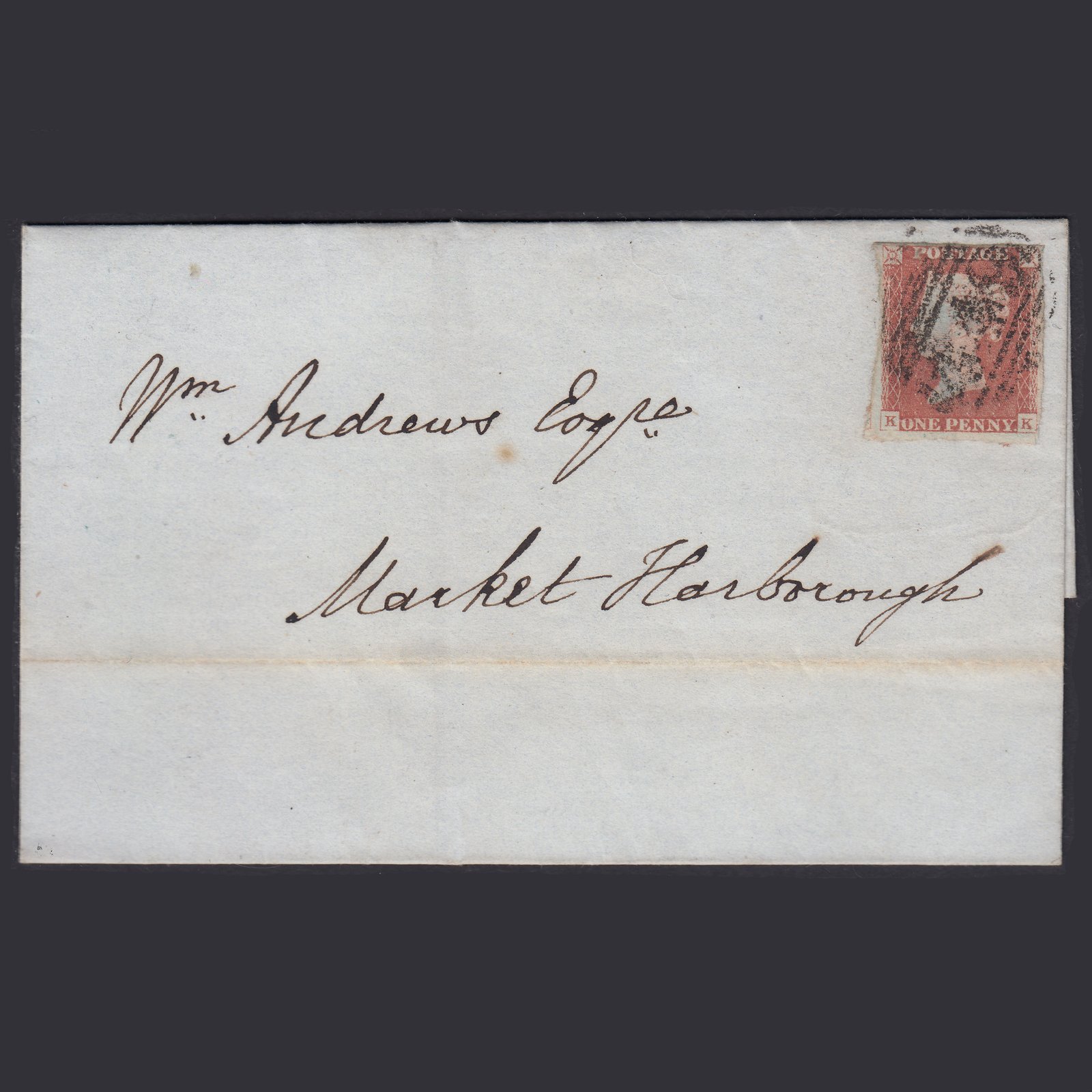 GB QV 1847 1d Pl 70 SG8-B1(1) KK GU Nr 4M Leicester Market to Harborough