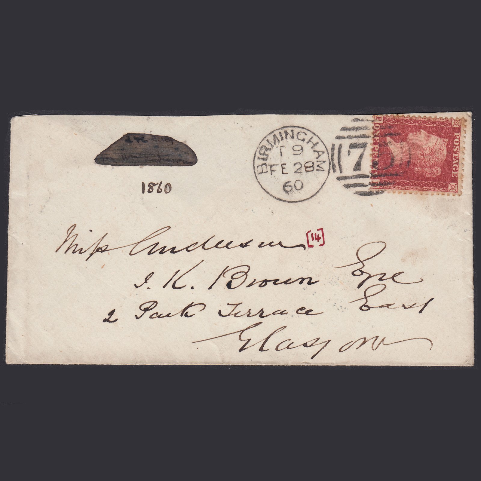 GB QV 1857 1d Plate 57 SG40-C10(1) PD GU Edgbaston To Glasgow Cover