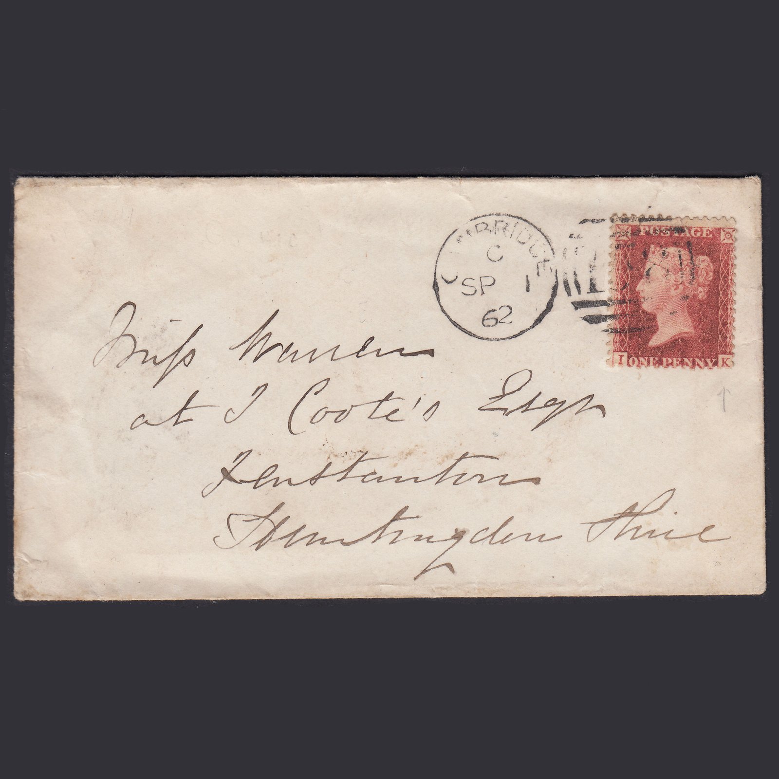 GB QV 1862 1d Plate 27 SG40-C10(1) IK FU Cambridge to Fenstanton Cover