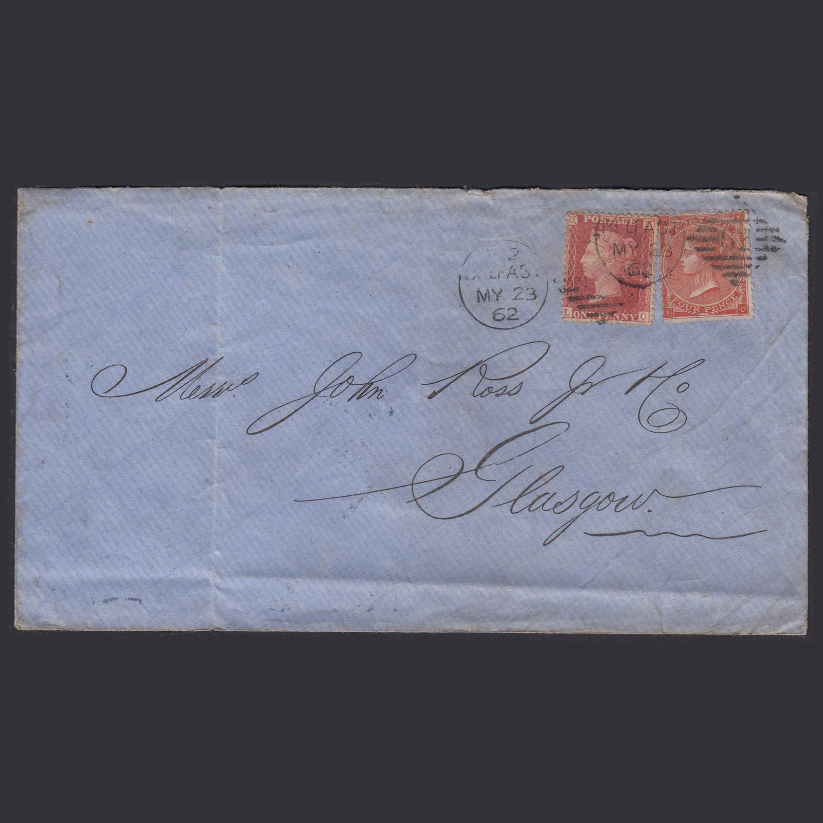 GB QV 1862 4d Pale Red SG80-J52(2) IC FU & 1d SG40-C10(1) Pl 66 on Cover