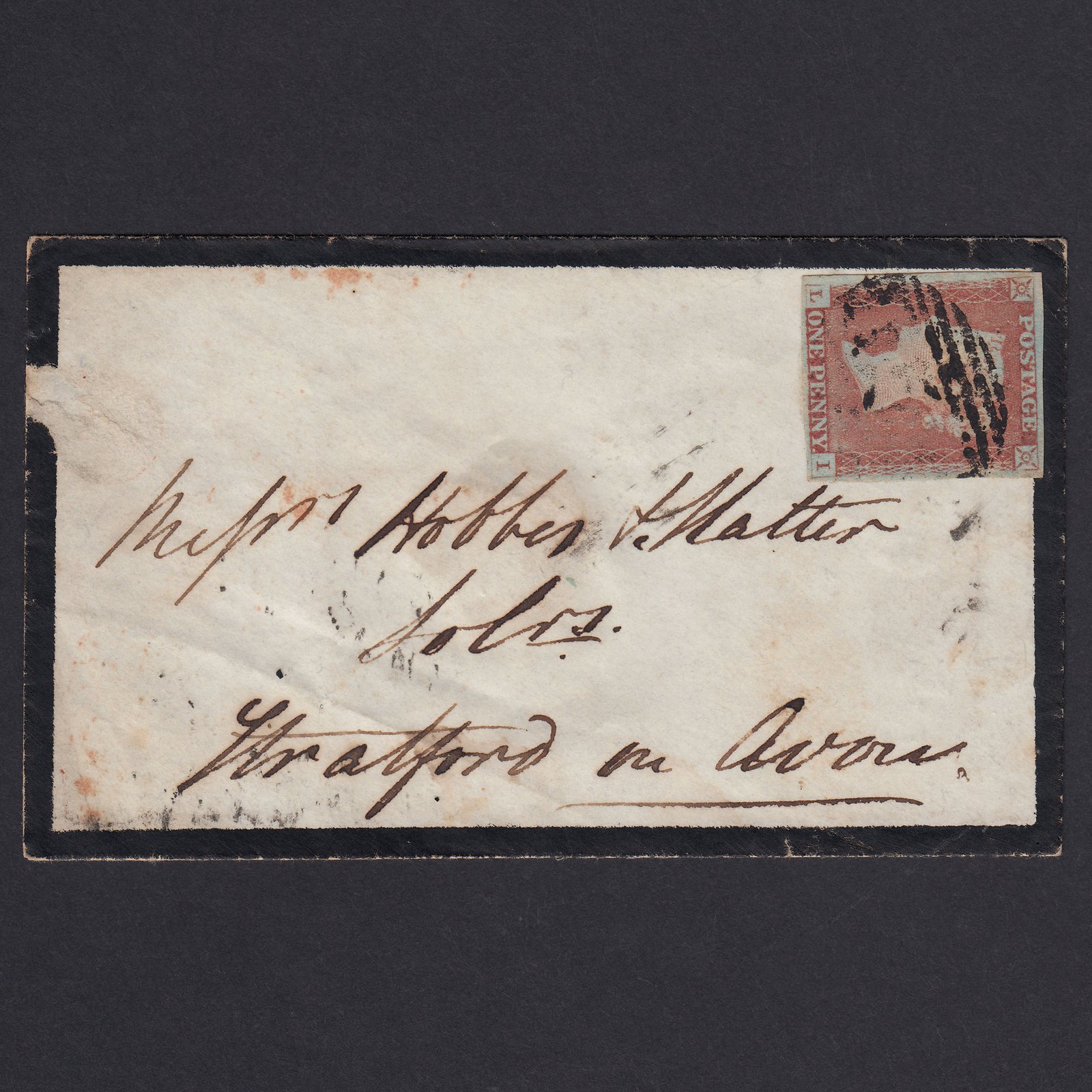 GB QV 1847 1d (Plate 68) SG9-B1(3) LI GU 4M Mourning Cover Cambridge Stratford