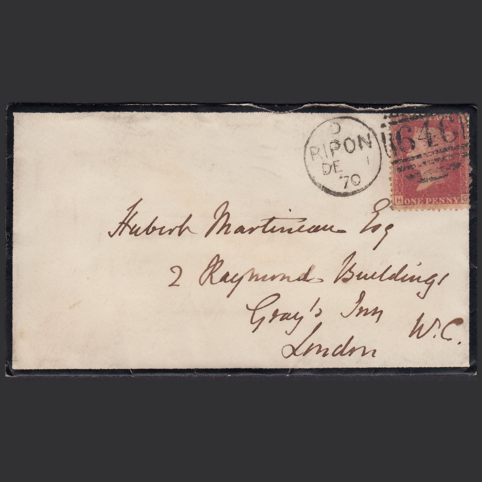 GB QV 1870 1d (Plate 117) SG44-G1(2) HG GU Mourning Cover Ripon to London
