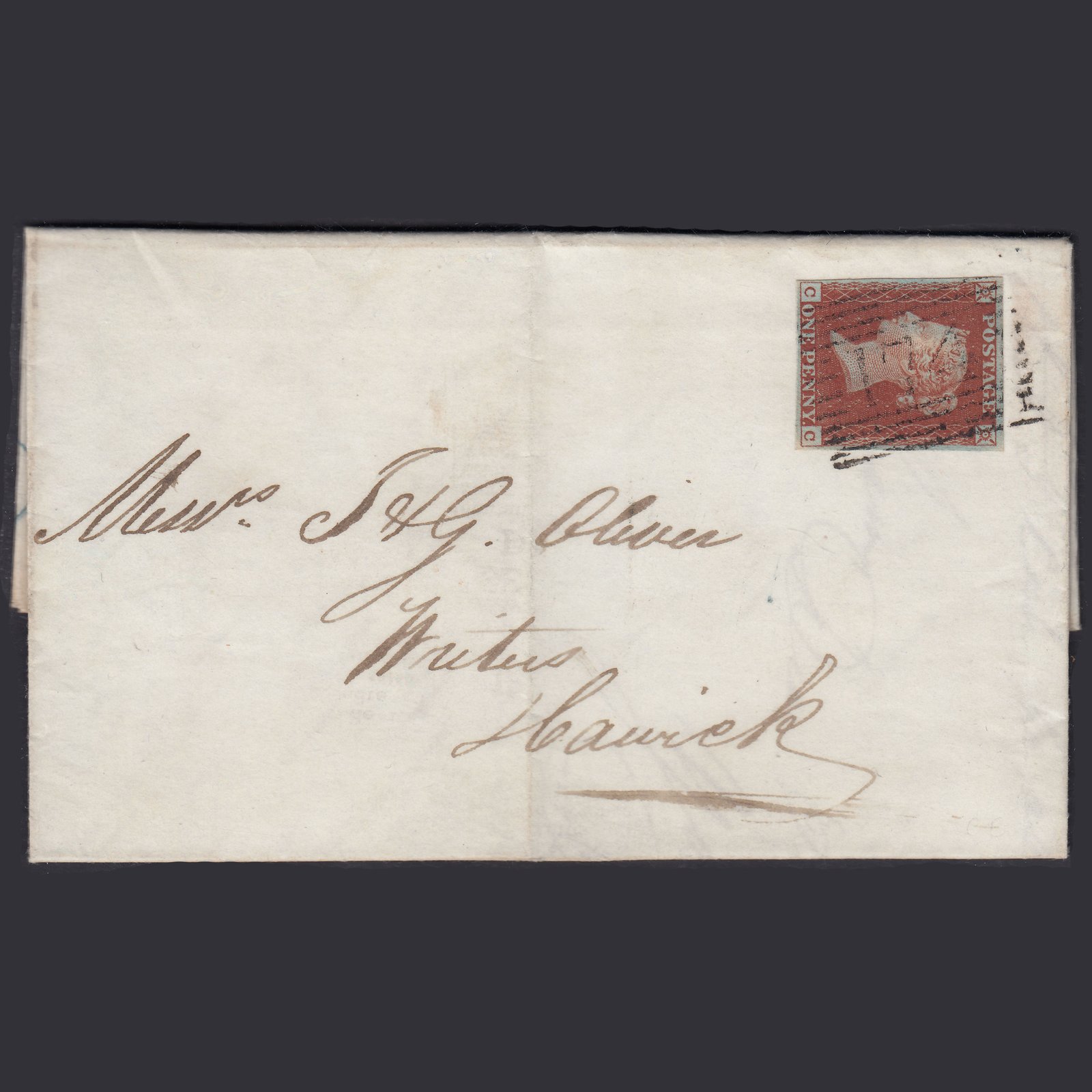 GB QV 1845 1d Pl 54 SG8-B1(1) CC VFU 4M Hawick 174 S & G Oliver Entire