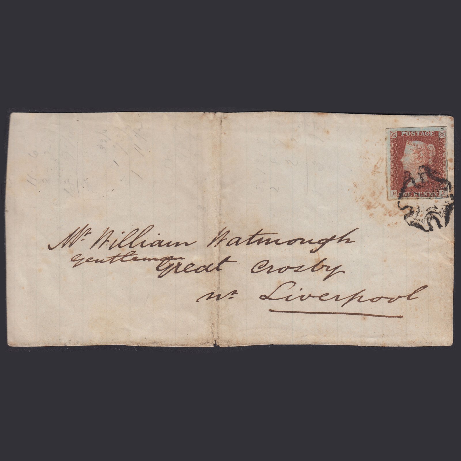 GB QV 1841 1d Plate 35 SG8-B1(1) HA GU 4M MX On Front to Liverpool