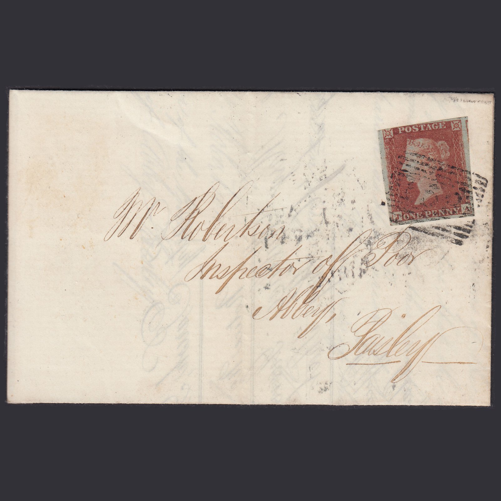 GB QV 1854 1d Pl 169 SG8-B2(1) JA FU Glasgow to Paisley Printed Entire