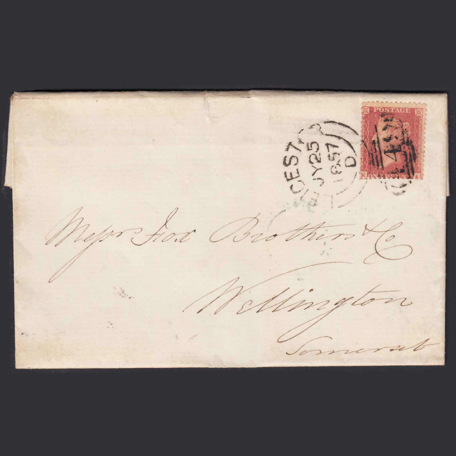 GB QV 1857 1d Pale Red Pl 46 SGC9(3) RA GU Leicester Wellington Entire
