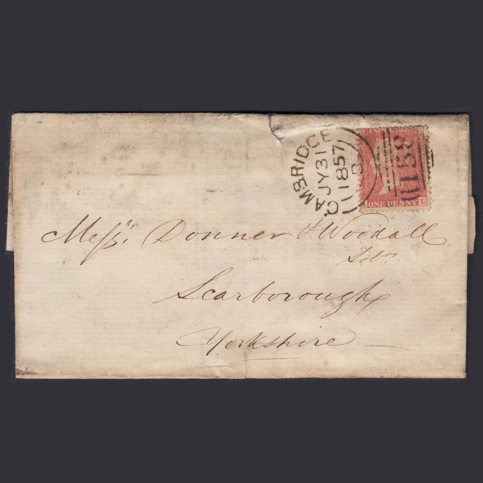 GB QV 1857 1d Pl 47 SGC9(3) AL GU Cambridge Gas-Light Company Entire